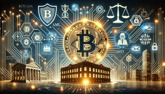 DALL·E 2025-04-18 21.24.52 - A professional conceptual image representing cryptocurrency regulation and compliance. The image features a glowing Bitcoin symbol at the center, surr